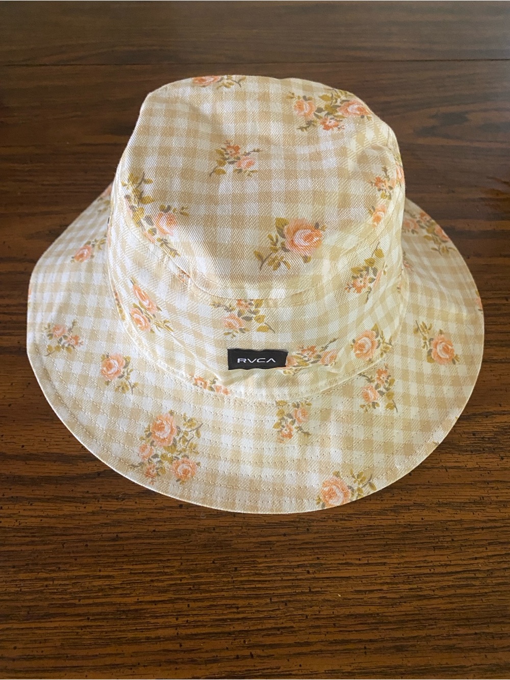 RVCA Women's Reversible Location Bucket Hat Gingham Floral Cream Pink S/M